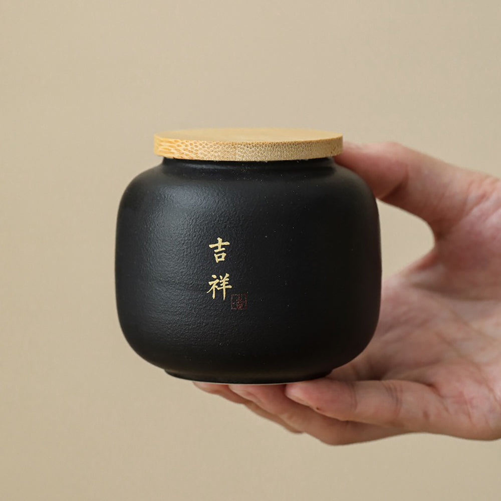Coarse Pottery Tea Caddy Set with Bamboo Lids