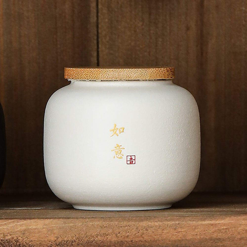 Coarse Pottery Tea Caddy Set with Bamboo Lids
