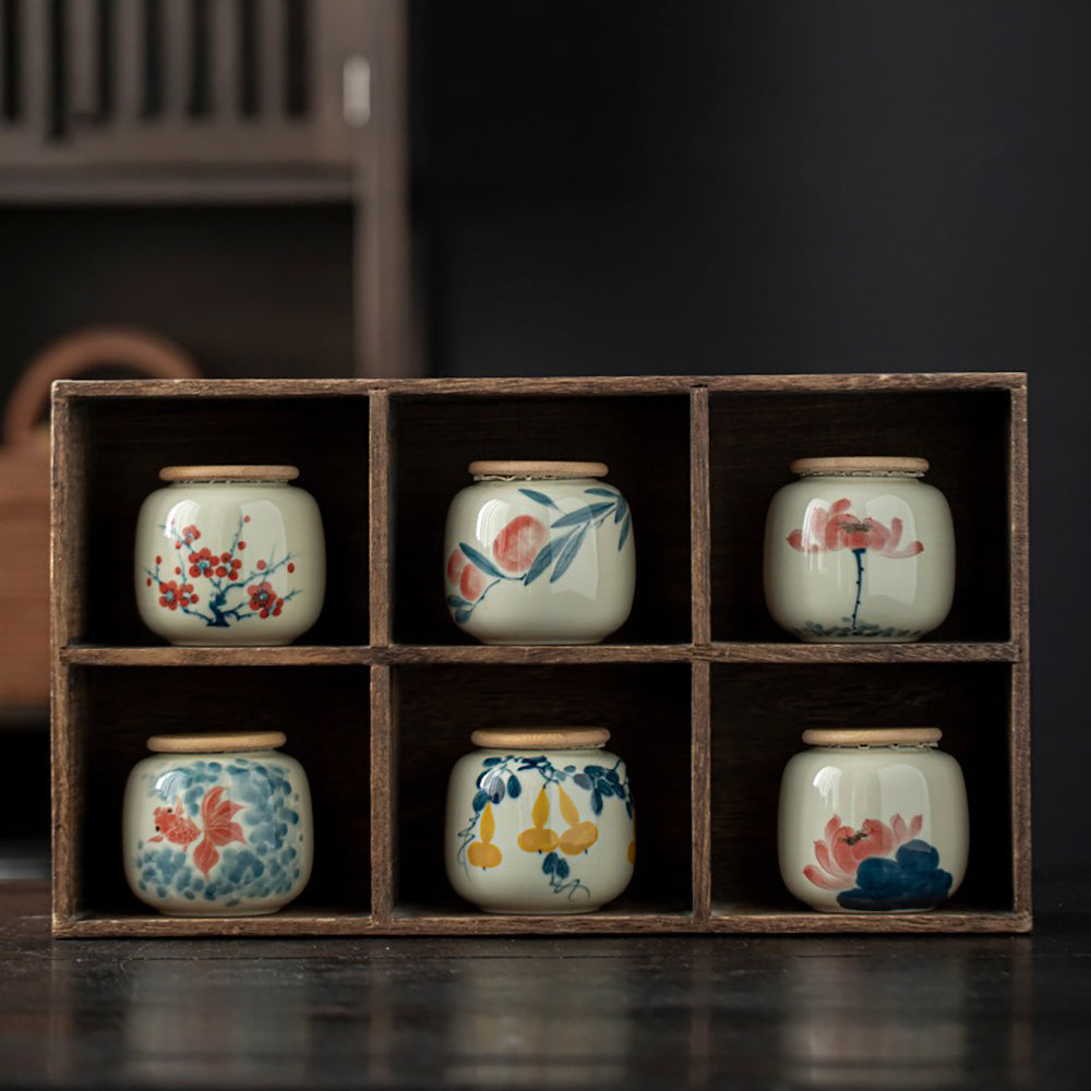 Hand-Painted Ceramic Tea Caddy with Jade-Like Glaze