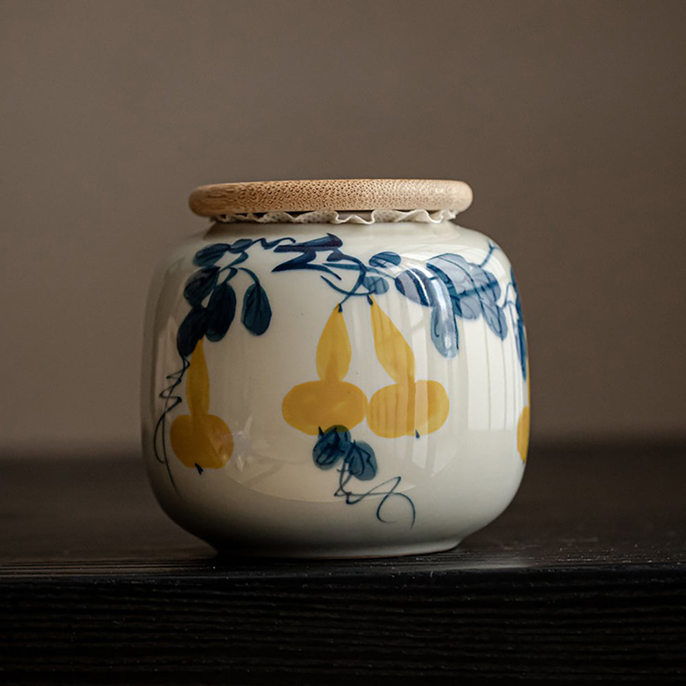 Hand-Painted Ceramic Tea Caddy with Jade-Like Glaze