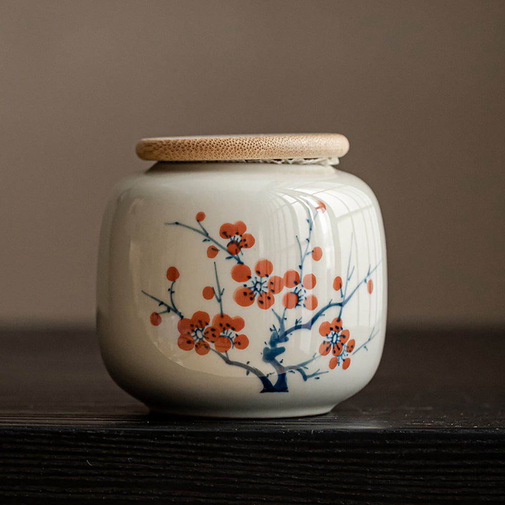 Hand-Painted Ceramic Tea Caddy with Jade-Like Glaze