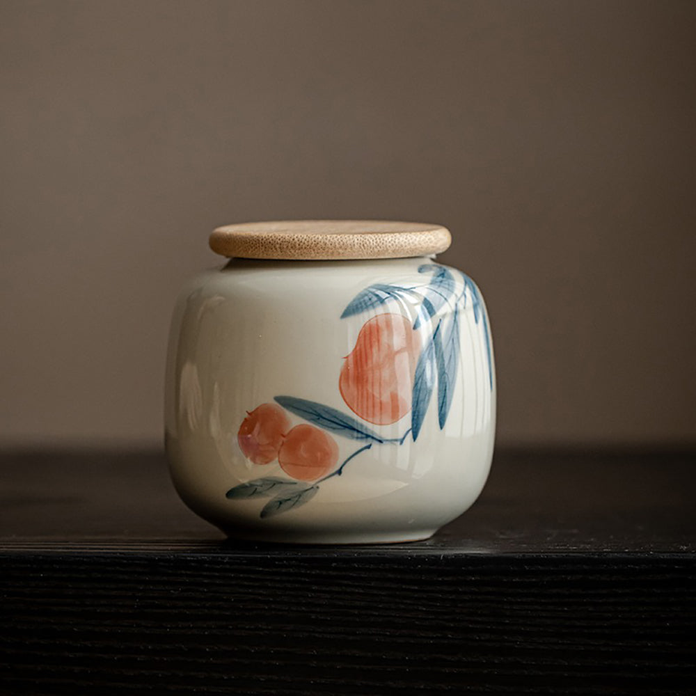 Hand-Painted Ceramic Tea Caddy with Jade-Like Glaze
