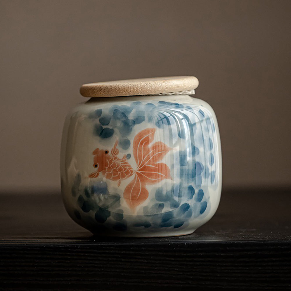 Hand-Painted Ceramic Tea Caddy with Jade-Like Glaze