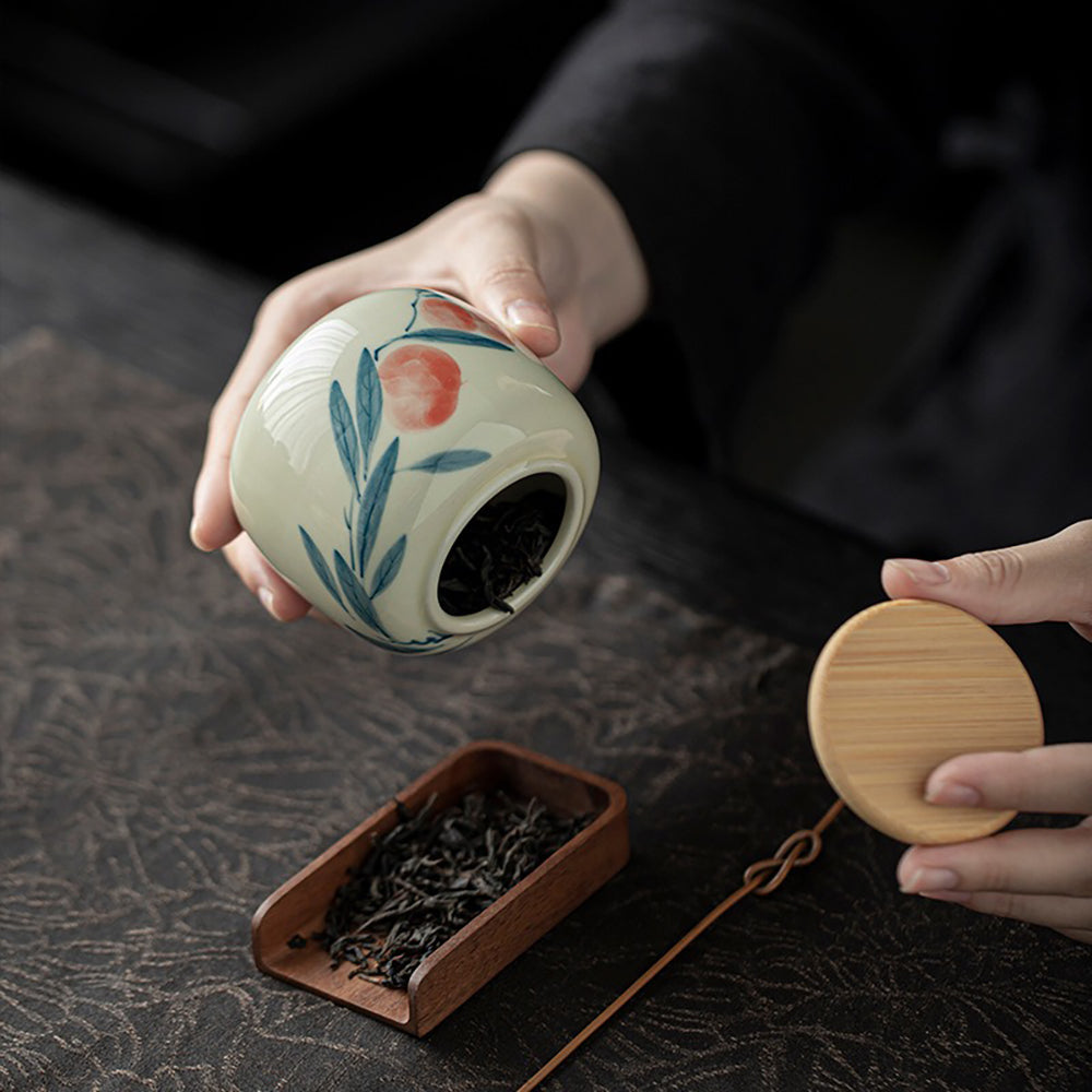 Hand-Painted Ceramic Tea Caddy with Jade-Like Glaze