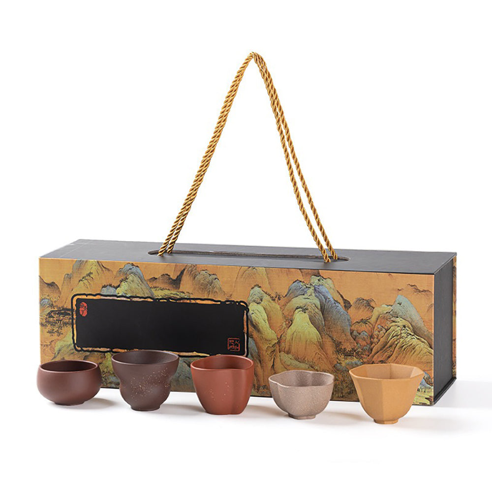 Handcrafted Yixing Purple Clay Tea Cup Set - Five Blessings Design