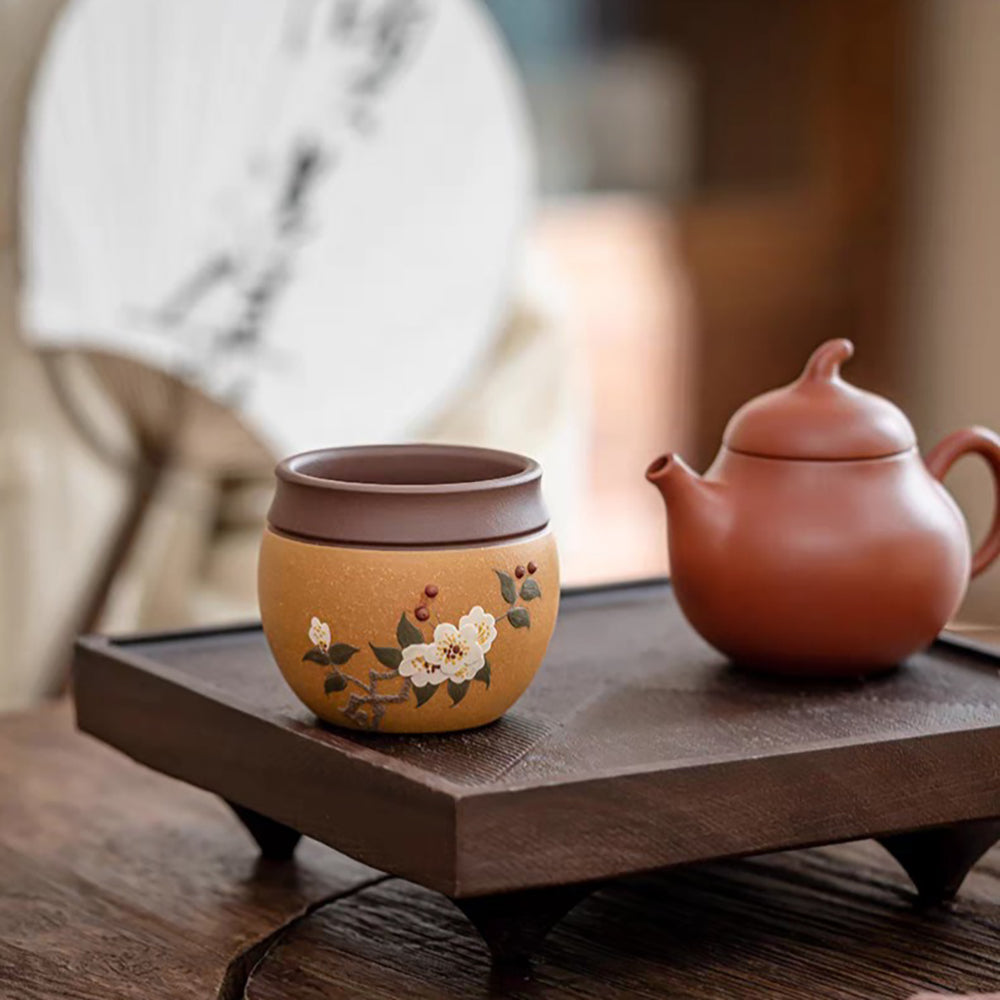 Handmade Purple Clay Gongfu Tea Cups Set with Plum Blossom Design