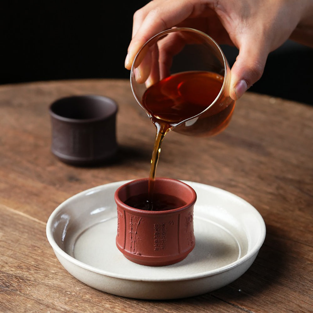 Yixing Purple Clay Tea Cup Set with Plum Blossom, Orchid, Bamboo, and Chrysanthemum Motifs