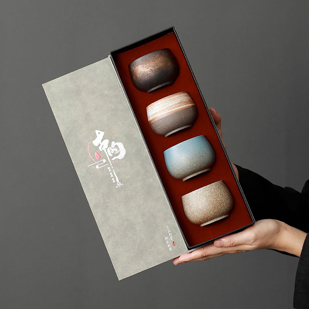 Handmade Coarse Pottery Gongfu Tea Cup Set - 4 Rustic Tea Cups with Matte Finish