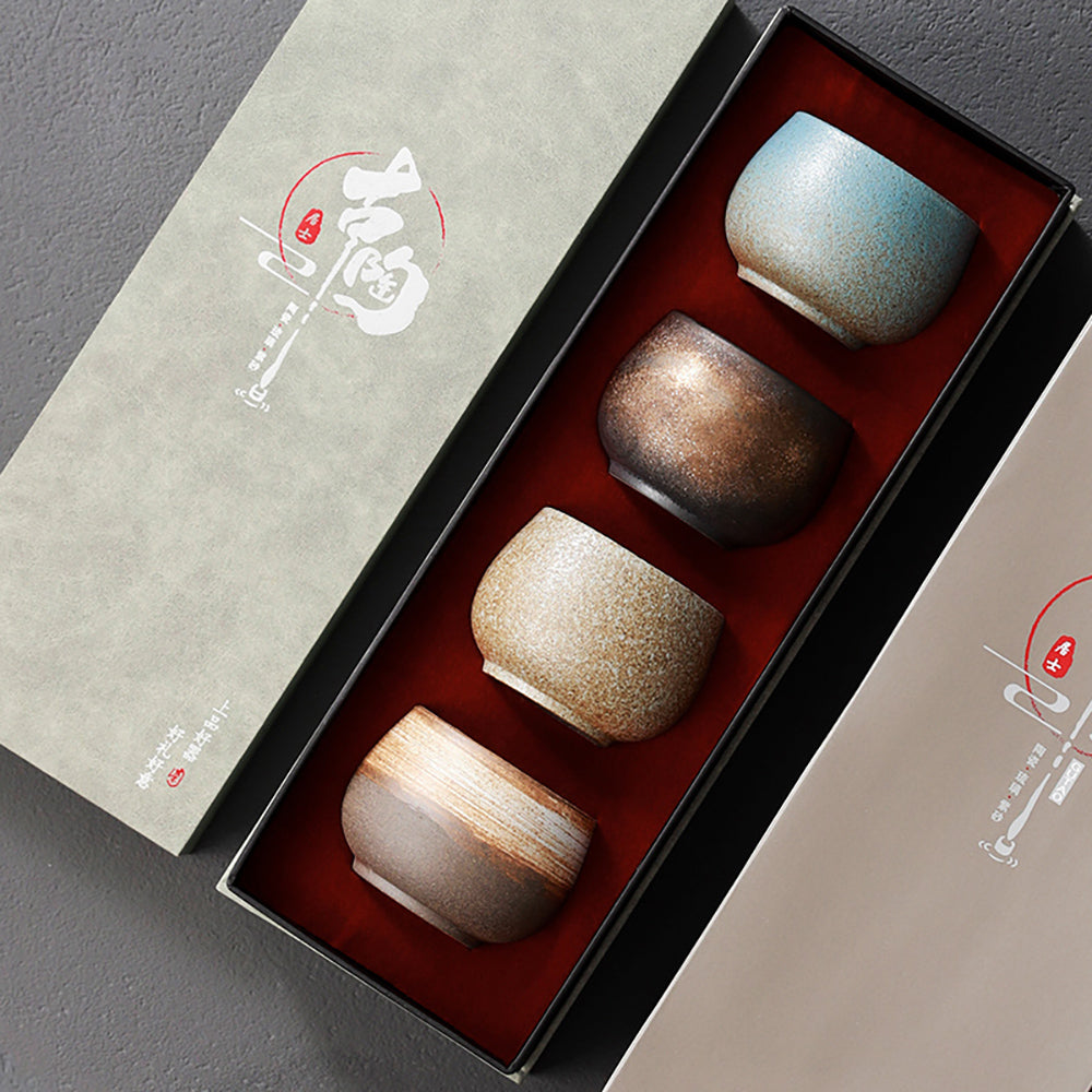 Handmade Coarse Pottery Gongfu Tea Cup Set - 4 Rustic Tea Cups with Matte Finish