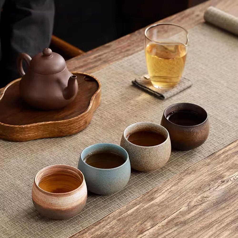 Handmade Coarse Pottery Gongfu Tea Cup Set - 4 Rustic Tea Cups with Matte Finish