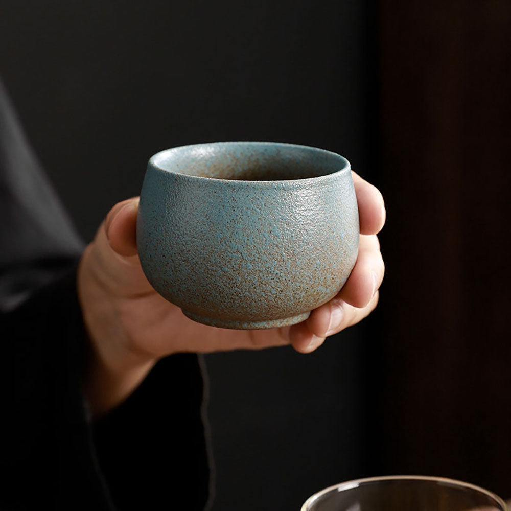 Handmade Coarse Pottery Gongfu Tea Cup Set - 4 Rustic Tea Cups with Matte Finish