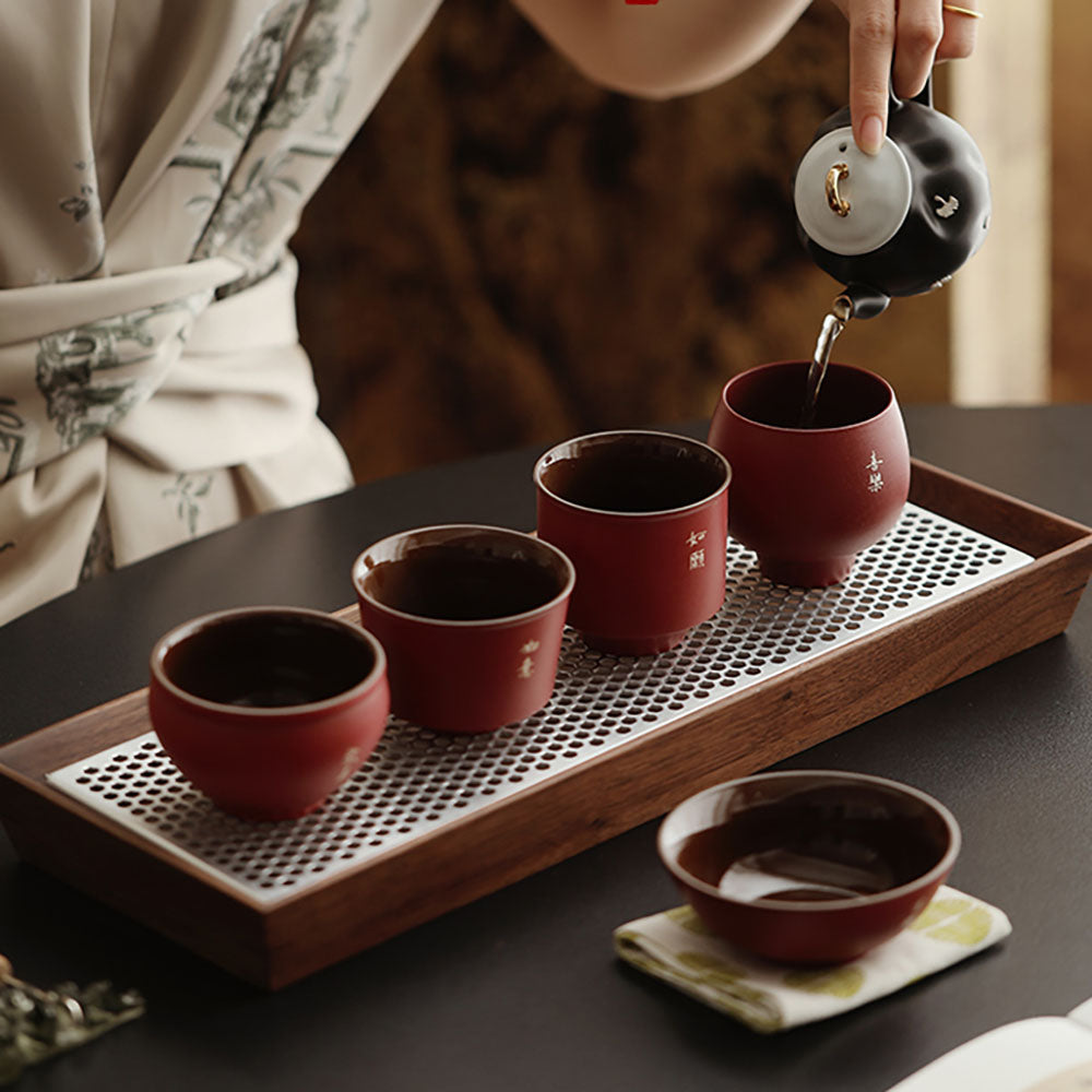 Ceramic Five Blessings Gongfu Tea Cup Set in Red Glaze
