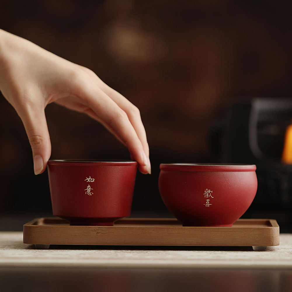 Ceramic Five Blessings Gongfu Tea Cup Set in Red Glaze