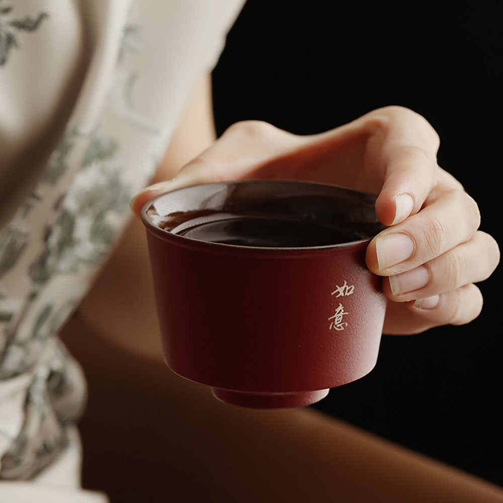 Ceramic Five Blessings Gongfu Tea Cup Set in Red Glaze