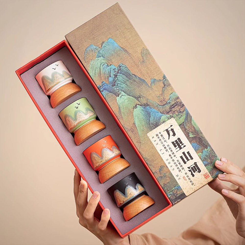 Gongfu Tea Cup Set with Hand-Painted Mountain Design and Wooden Bases