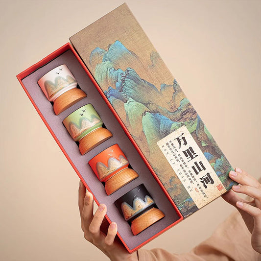 Gongfu Tea Cup Set with Hand-Painted Mountain Design and Wooden Bases