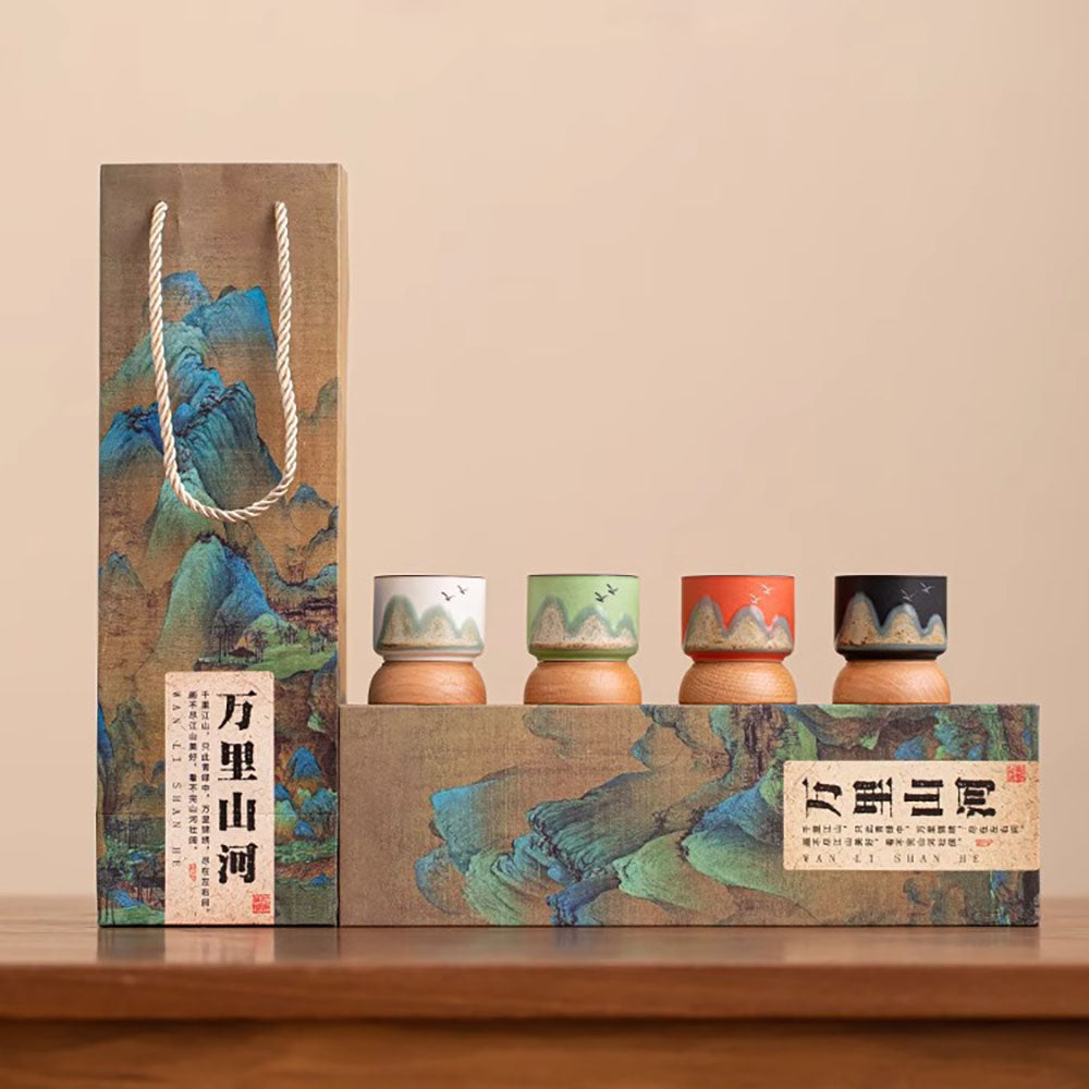 Gongfu Tea Cup Set with Hand-Painted Mountain Design and Wooden Bases
