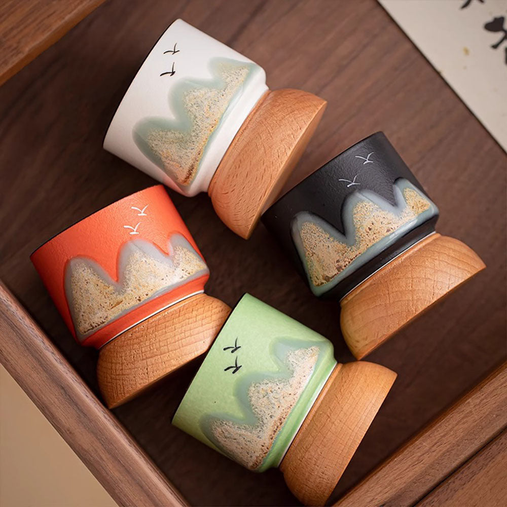 Gongfu Tea Cup Set with Hand-Painted Mountain Design and Wooden Bases