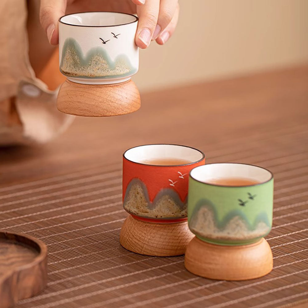 Gongfu Tea Cup Set with Hand-Painted Mountain Design and Wooden Bases