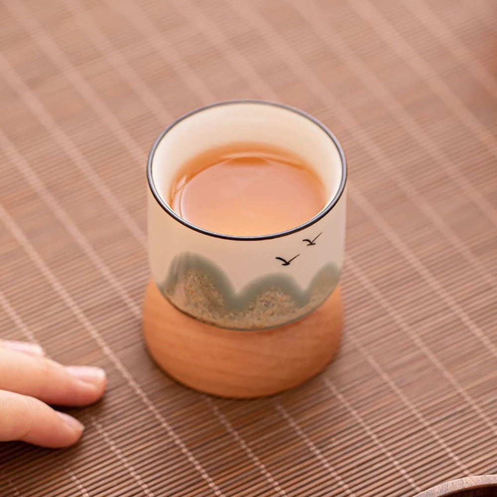 Gongfu Tea Cup Set with Hand-Painted Mountain Design and Wooden Bases