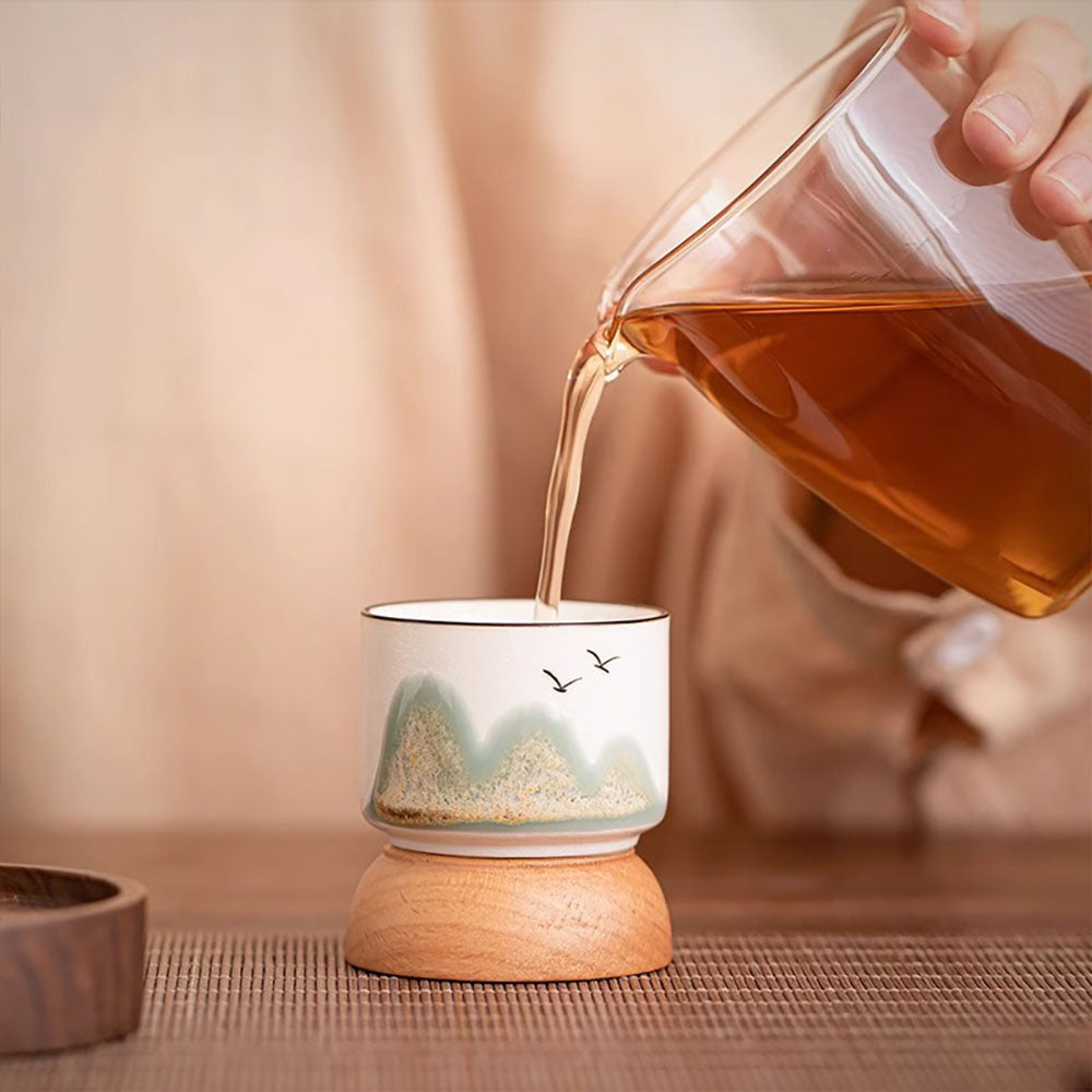 Gongfu Tea Cup Set with Hand-Painted Mountain Design and Wooden Bases