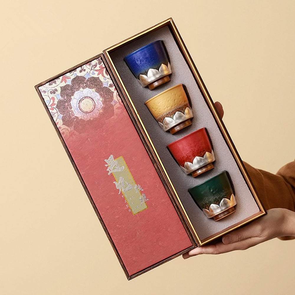 Colorful Ceramic Gongfu Tea Cup Set with Silver-Plated Lotus Design