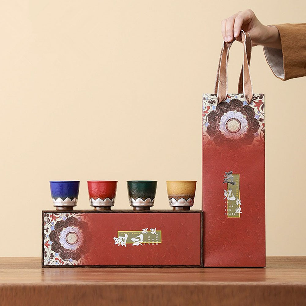 Colorful Ceramic Gongfu Tea Cup Set with Silver-Plated Lotus Design