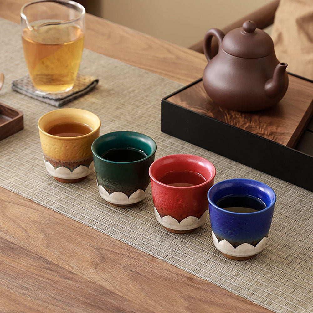 Colorful Ceramic Gongfu Tea Cup Set with Silver-Plated Lotus Design