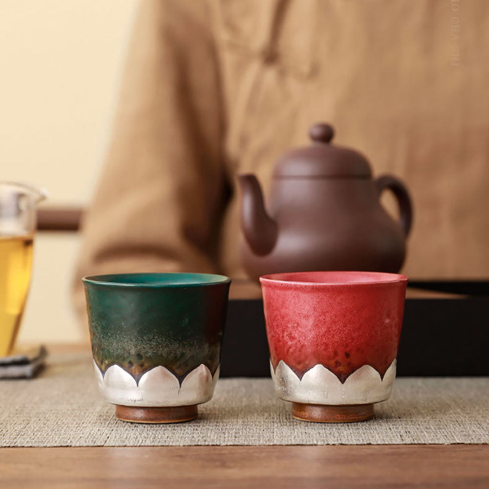 Colorful Ceramic Gongfu Tea Cup Set with Silver-Plated Lotus Design