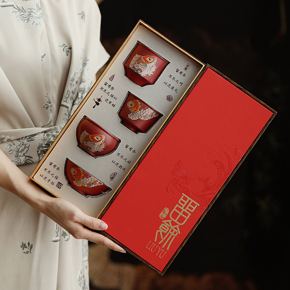 Red Ceramic Koi Gongfu Tea Cup Set with Gift Box