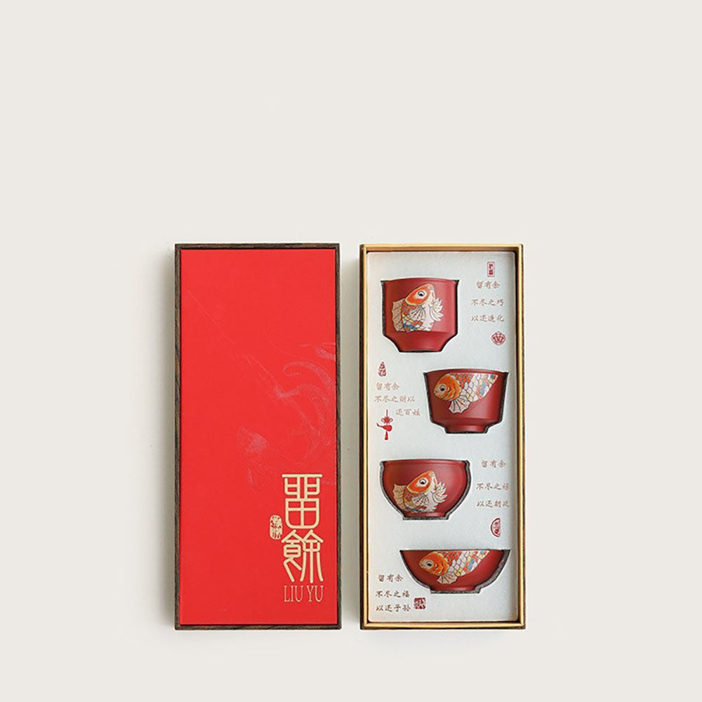 Red Ceramic Koi Gongfu Tea Cup Set with Gift Box