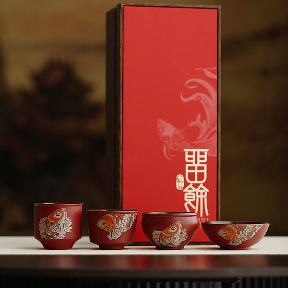Red Ceramic Koi Gongfu Tea Cup Set with Gift Box