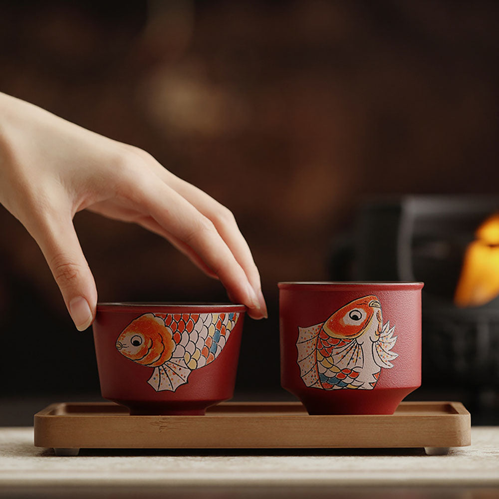 Red Ceramic Koi Gongfu Tea Cup Set with Gift Box