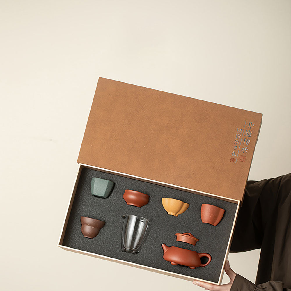 Yixing Purple Clay Five Blessings Tea Set with Teapot and Teacups