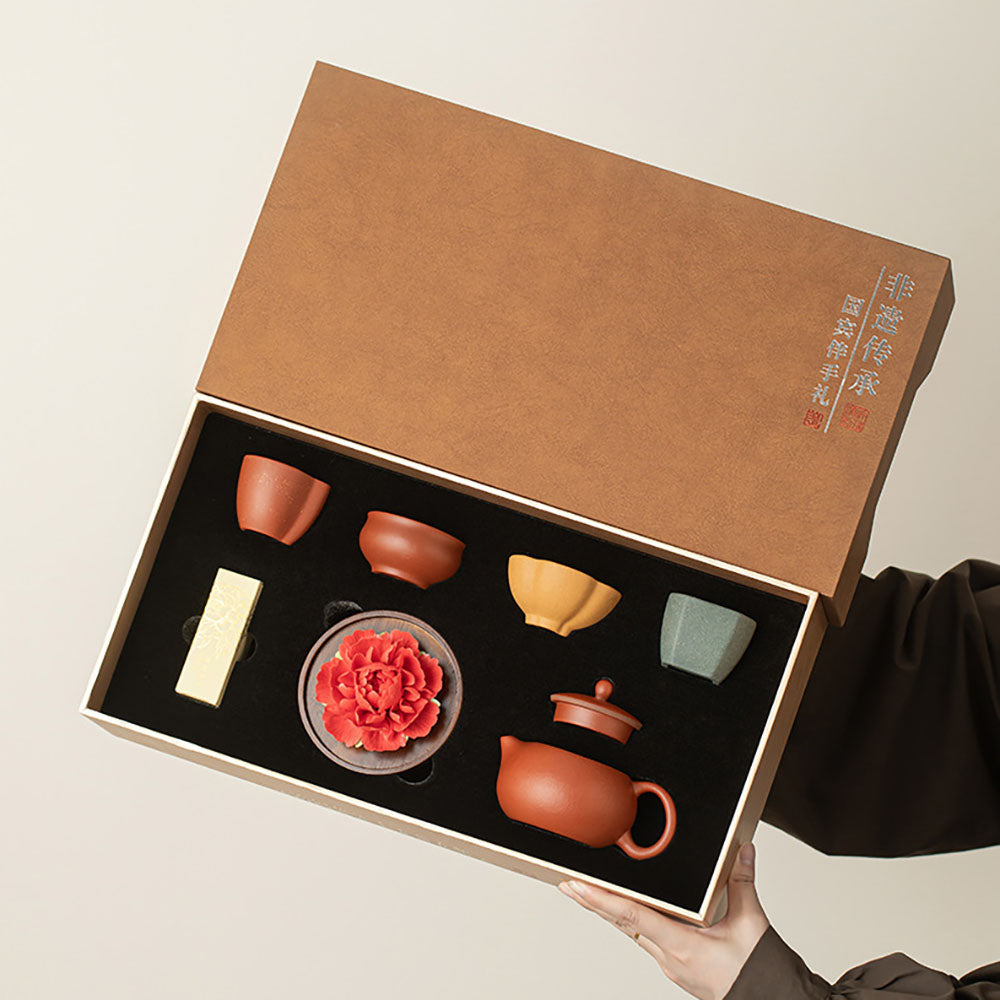 Yixing Purple Clay Tea Set with Handmade Peony Incense Holder