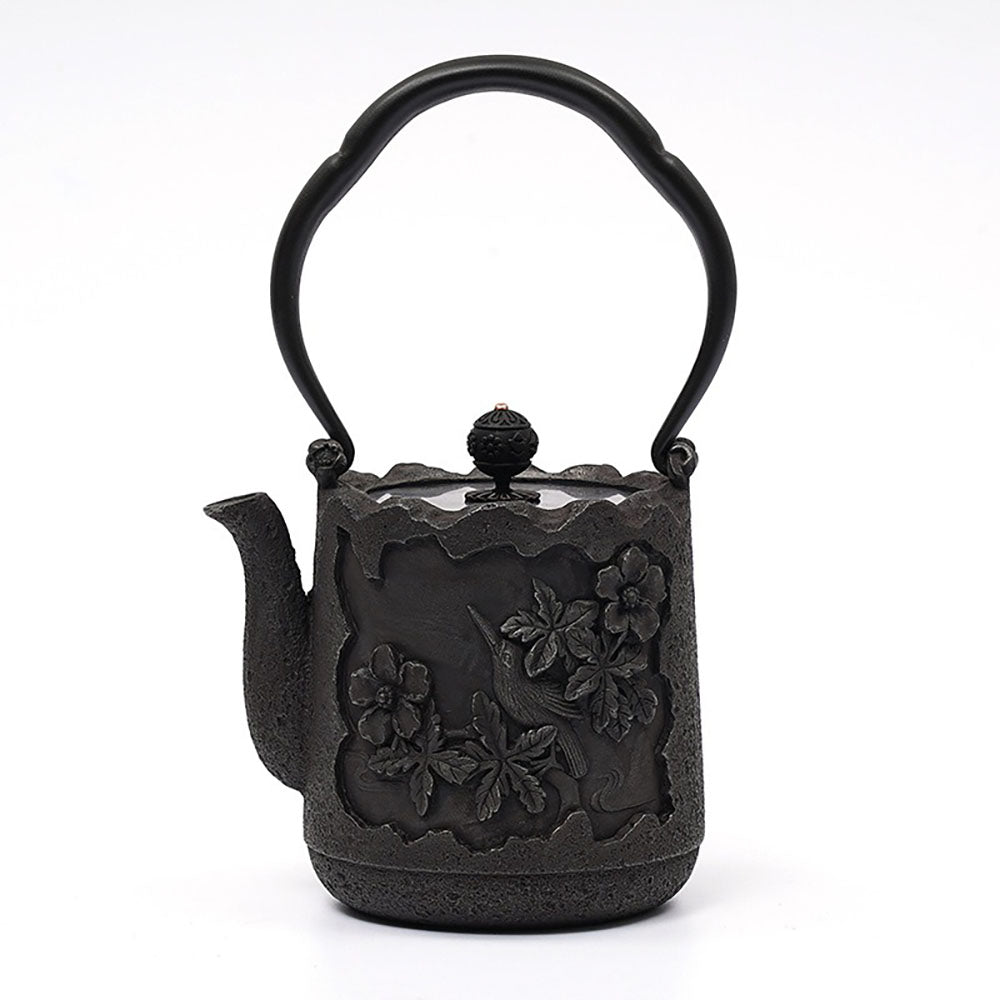 Japanese Cast Iron Teapot with Magpie and Blossom Design