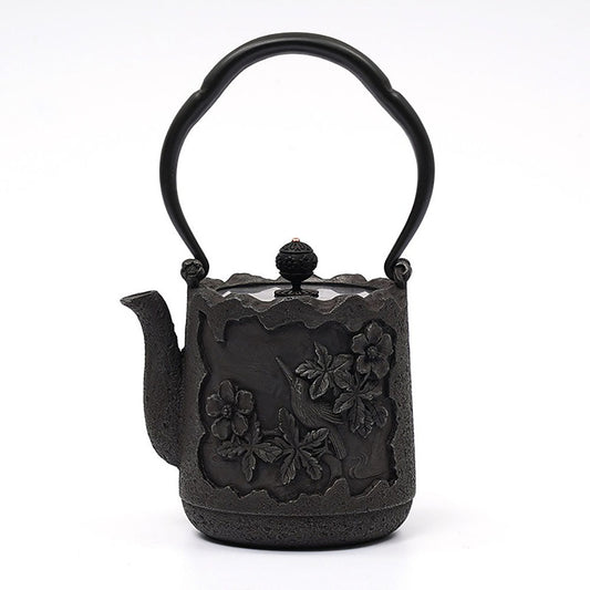 Japanese Cast Iron Teapot with Magpie and Blossom Design