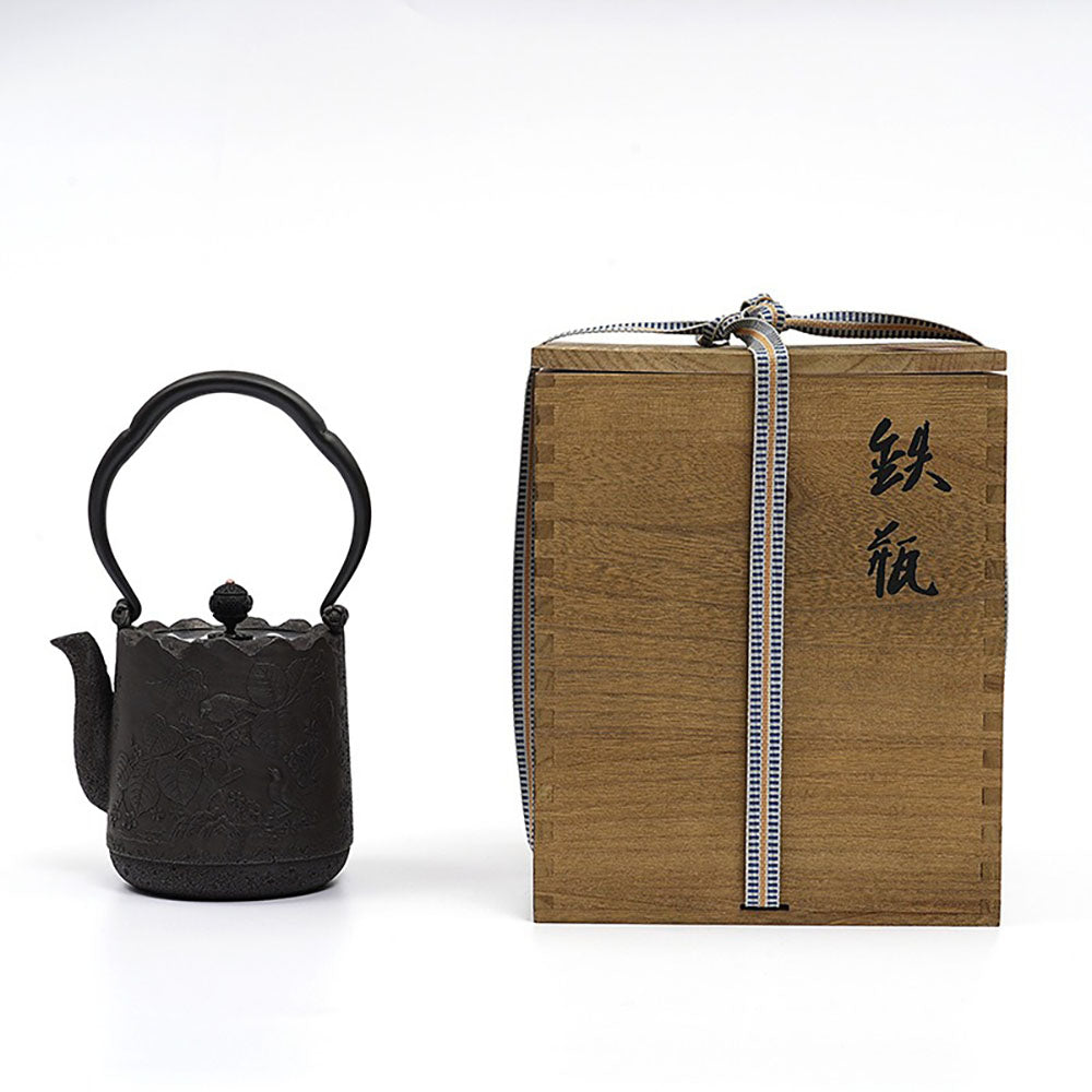 Japanese Cast Iron Teapot with Magpie and Blossom Design