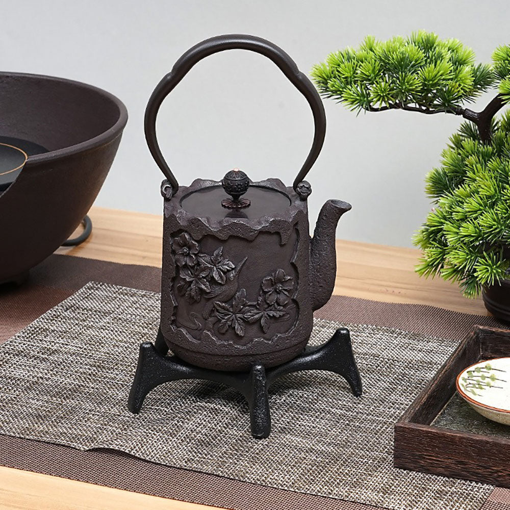 Japanese Cast Iron Teapot with Magpie and Blossom Design