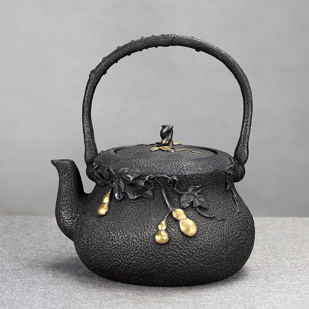 Japanese Cast Iron Gourd Teapot with Gilded Detail