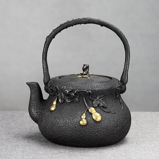 Japanese Cast Iron Gourd Teapot with Gilded Detail