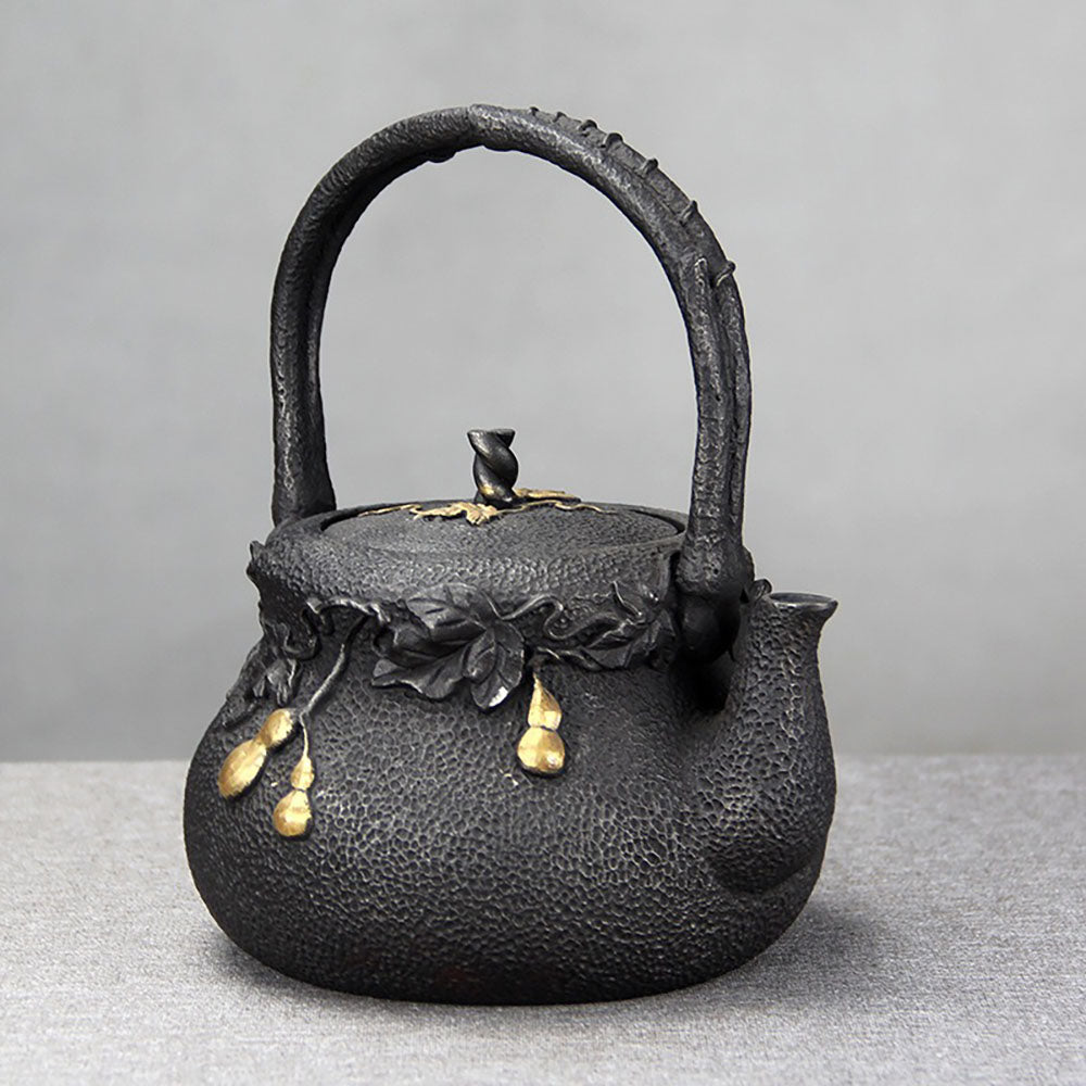 Japanese Cast Iron Gourd Teapot with Gilded Detail