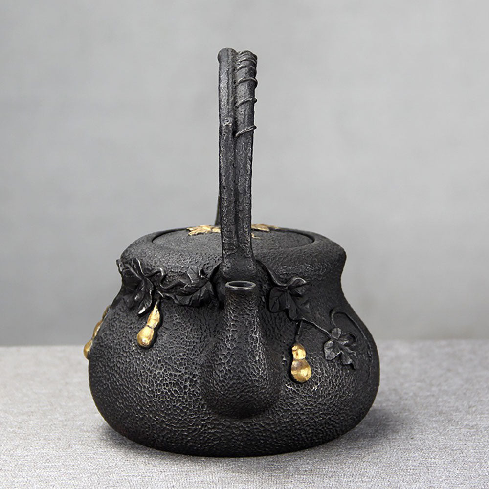 Japanese Cast Iron Gourd Teapot with Gilded Detail