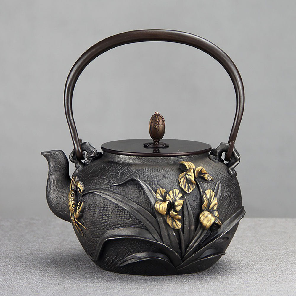 Japanese Cast Iron Teapot with Orchid and Crab Design