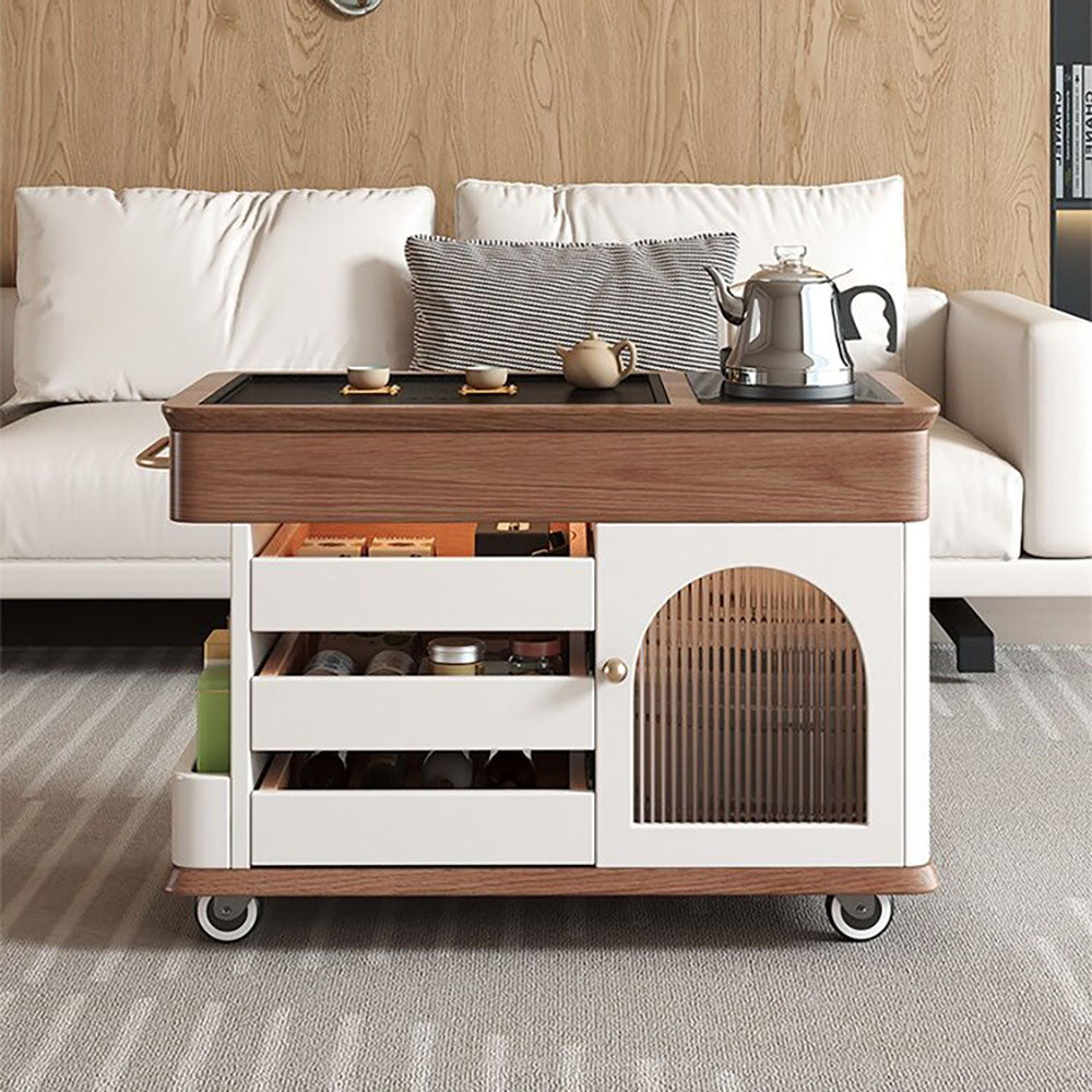Movable Solid Oak Tea Table with Black Stone Tray