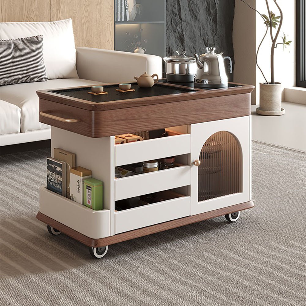 Movable Solid Oak Tea Table with Black Stone Tray