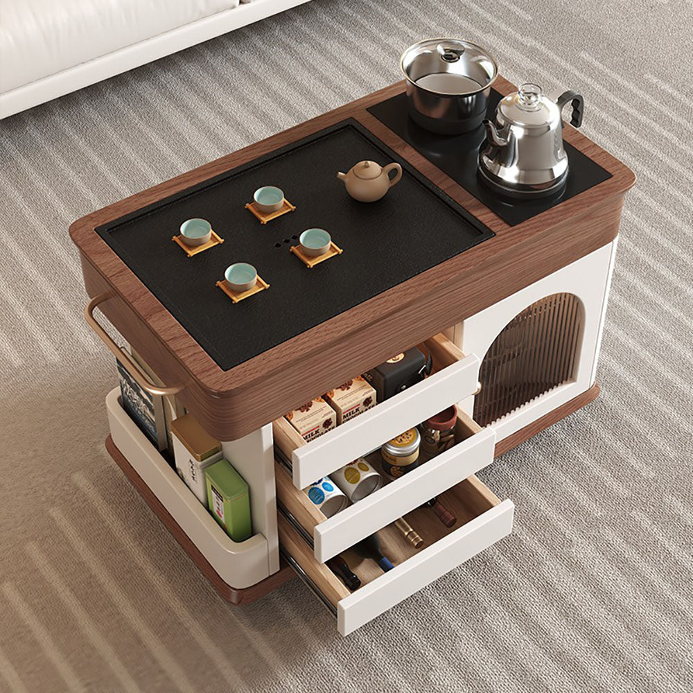 Movable Solid Oak Tea Table with Black Stone Tray