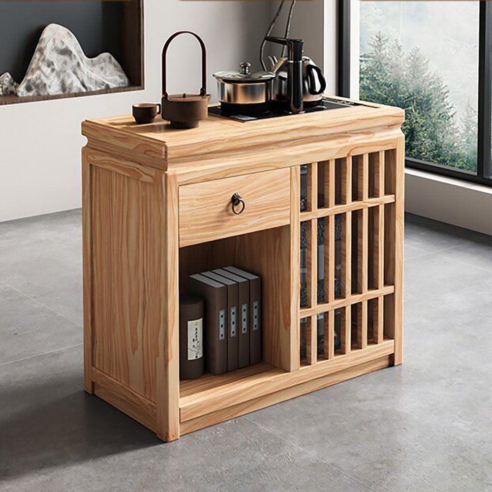 Movable Pine Wood Tea Brewing Table with Storage