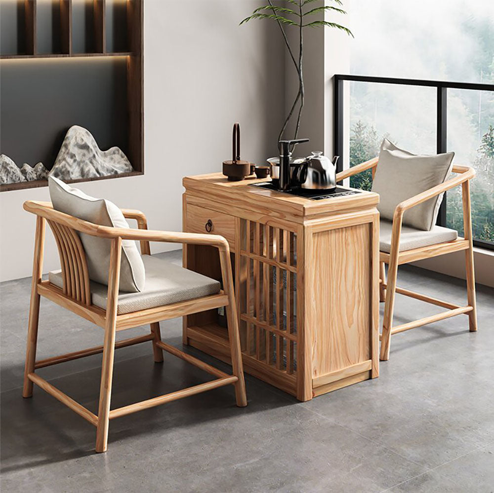 Movable Pine Wood Tea Brewing Table with Storage
