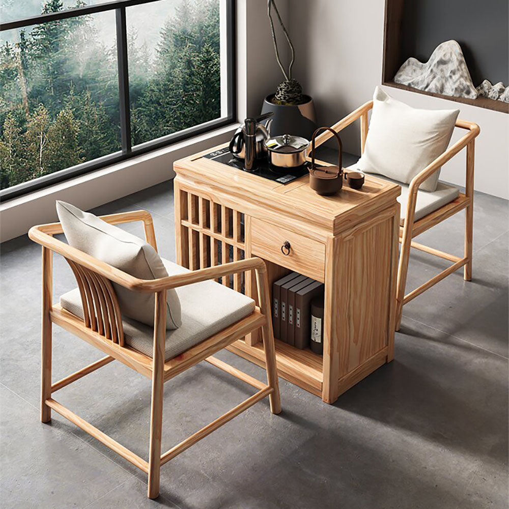 Movable Pine Wood Tea Brewing Table with Storage